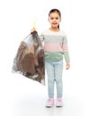 smiling girl with paper garbage in plastic bag