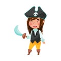 Smiling Girl in Pirate Costume Standing with Sword and Hat with Skull Vector Illustration