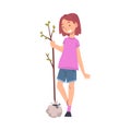 Smiling Girl Planting Tree, Child Working in Garden or Taking Care about Planet, Environmental Protection Concept
