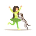 Smiling girl playing with her dalmatian dog. Colorful cartoon character vector Illustration Royalty Free Stock Photo