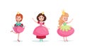 Smiling Girl Princess Wearing Crown and Dressy Look Garment Vector Illustration Set