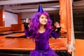 smiling girl in the purple wig and the carnival cap on the trampoline arena Royalty Free Stock Photo