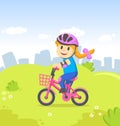 Smiling girl riding a bicycle in the city park. Sport and fitness. Cartoon vector flat illustration.