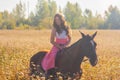 smiling girl riding a black horse in a pink dress. Royalty Free Stock Photo