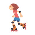 Smiling Girl Rollerblading, Kid Doing Sports, Healthy Lifestyle Concept Cartoon Style Vector Illustration