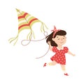 Smiling Girl Running with Flying Kite Playing and Having Fun Vector Illustration Royalty Free Stock Photo