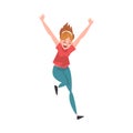 Smiling Girl Running with Raising Hands Up, Happy Positive Teenage Girl Character Vector Illustration