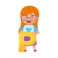 Smiling Girl Standing Near Big Alphabet P Letter Vector Illustration