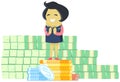 Rich woman with wealth on background of dollar bills. Smiling girl standing on pile of gold coins