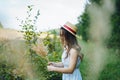 Smiling girl in a straw hat collects flowers. Girl in a summer dress in the tall grass. Woman in a green field with a bouquet of Royalty Free Stock Photo