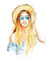 Smiling girl in straw hat, summer watercolor illustration on white background