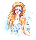 Smiling girl in straw hat and sunglasses with ice cream, summer watercolor illustration