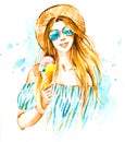 Smiling girl in straw hat and sunglasses with ice cream, summer watercolor illustration on white background