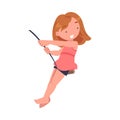 Smiling girl swinging on rope. Happy child having fun outdoors cartoon vector illustration Royalty Free Stock Photo