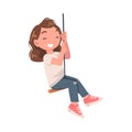 Smiling girl swinging on rope. Happy kid having fun outdoors cartoon vector illustration Royalty Free Stock Photo