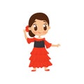 Flat vector icon of smiling girl in traditional Spanish wear. Little child in bright red dress. Fancy costume for Royalty Free Stock Photo