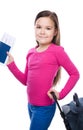 Smiling girl with travel bag, ticket and passport Royalty Free Stock Photo