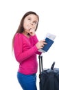 Smiling girl with travel bag, ticket and passport Royalty Free Stock Photo