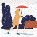 Smiling girl with umbrella walk under rain vector flat illustration. Happy female wearing raincoat stroll in natural