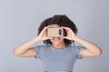 Smiling girl using virtual reality device Royalty Free Stock Photo