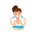 Smiling girl washing her face, young woman caring for her skin vector Illustration on a white background