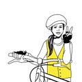 Smiling girl is wearing a helmet and reflective safety vest and riding a bicycle