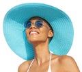 Smiling girl wearing a turquoise sun hat, blue sunglasses and bikini, African latin American woman isolated on white background. Royalty Free Stock Photo