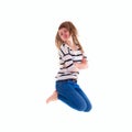 Smiling girl in white blank t-shirt jumping Royalty Free Stock Photo