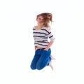 Smiling girl in white blank t-shirt jumping Royalty Free Stock Photo