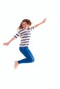 Smiling girl in white blank t-shirt jumping Royalty Free Stock Photo