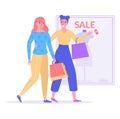 Smiling girlfriend together walking shopping mall, woman hold handbag with fashion clothing cartoon vector illustration Royalty Free Stock Photo