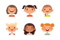 Smiling girls faces. Female children with happy smiles, women kids portraits, little lady joyful emotions Royalty Free Stock Photo