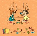 Smiling girls making origami