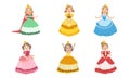 Smiling Girls Princesses Chracters in Different Colorful Beautiful Dresses Set Vector Illustration