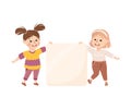 Smiling girls standing with white blank banner, board, placard cartoon vector illustration Royalty Free Stock Photo
