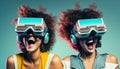 Smiling girls wearing vr headsets, playing virtual reality game. Metaverse futuristic digital technology. Generative AI