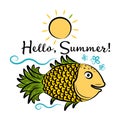 Smiling Gold Fish Ã¢â¬â Pineapple, Floating on Waves. Royalty Free Stock Photo