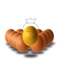smiling golden egg with happy face and with a crown among chicken eggs on white background