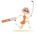 Smiling golfer woman runs to play golf illustration