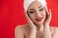 Smiling gorgeous girl with a beautiful make-up white teeth and red lips. Close-up portrait of a cute girl with smile and Royalty Free Stock Photo