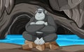 Smiling gorilla sitting rocks in cave