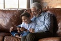 Smiling grandfather with little grandson using phone, sitting on couch Royalty Free Stock Photo