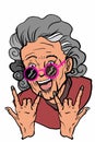 Smiling grandma or old woman characters portrait illustration and making punk symbol and forever text