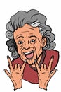 Smiling grandma or old woman characters portrait illustration and making punk symbol and forever text