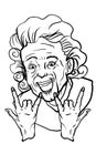 Smiling grandma or old woman characters portrait illustration and making punk symbol and forever text