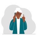 Smiling grandmother talking on a cell phone with emotions. One hand with the phone the other with a forefinger up