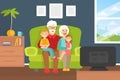 Smiling Grandparents and Grandchildren Sitting on Sofa in Living Room at Home, Grandparents Spending Time with their