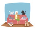 Smiling granny, old lady holding cat banner vector illustration. Woman sitting on sofa in living room. Pets playing with Royalty Free Stock Photo