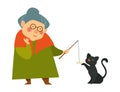 Smiling granny, old lady playing with her black cat
