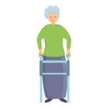 Smiling granny with walker icon, cartoon style